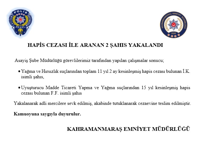 HAPİS CEZASI İLE ARANAN 2 ŞAHIS YAKALANDI (07.01.2025)